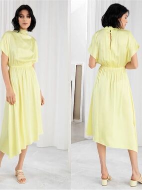 NWT & Other Stories Butter Yellow Asymmetric High Neck Satin Midi Dress Size 10
